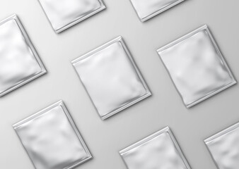 white plain empty blank metallic foil packaging sachet on isolated background