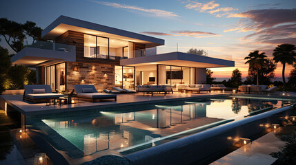 Fototapeta premium Cubic Villa with Pool at Sunset