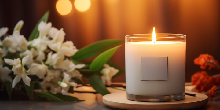 mockup packaging vela flora, vela con fragancia a flores para decoraci&oacute;n del hogar, vela con fondo desenfocado, vela blanca con etiqueta insertar texto