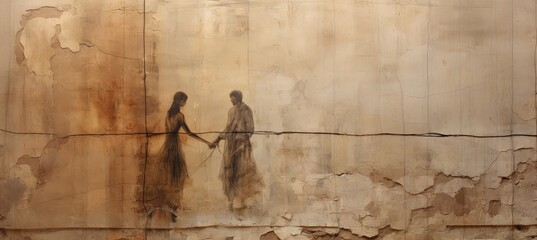 ancient historical rock wall painting,  woman and man lover couple hold hand walking together, Generative Ai