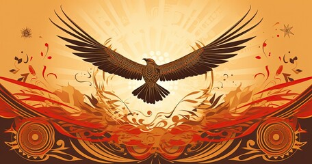 Fototapeta premium vintage illustration style of eagle bird spread wing fly on sky, generative Ai