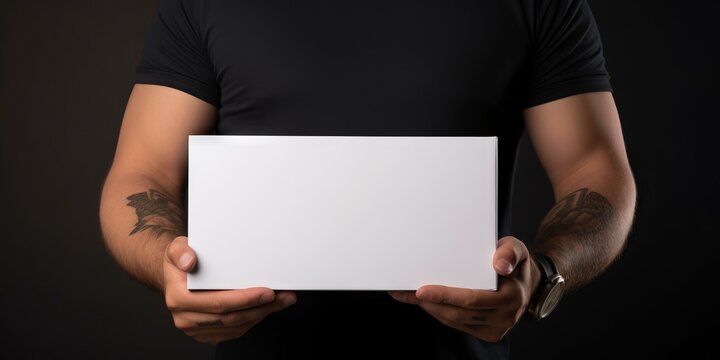 Mockup packaging de delivery fondo negro, branding mensajero caja en blanco insertar texto, hombre transportando caja de cart&oacute;n peque&ntilde;a, empresa de comida a domicilio 