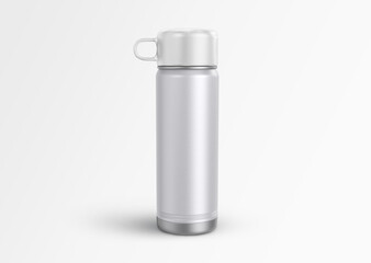 white plain empty blank branding packaging Hot And Cold Metallic Stainless Steel Vacuum Flask Water bottle with cup lid on isolated background 