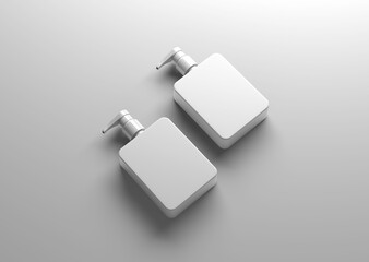 white plain empty blank flat two rectangular shampoo lotion cosmetic plastic pump bottle on isolated background