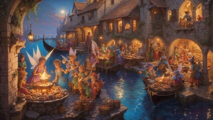 Isometric: Some beautiful Tinkerbell', tiny kobolds in a bustling medieval marketplace in a lagoon lane, illuminated by the warm glow of the open hearth and the spinning skewer of freshly cooked treat - obrazy, fototapety, plakaty