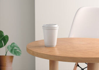Fototapeta na wymiar white plain empty blank coffee cup branding packaging on indoor wooden round table