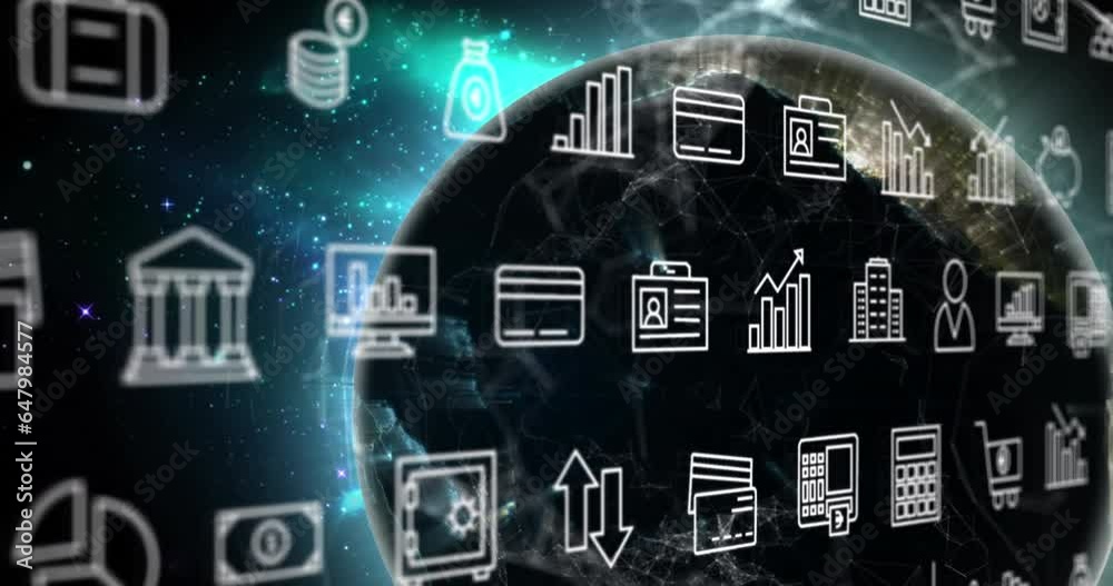 Poster animation of multiple icons and connected dots around globe against abstract background