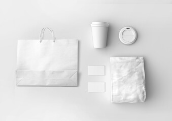white plain blank empty food branding paper shopping bag with coffee cup and food paper bag and...