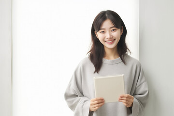 Fototapeta premium a vibrant young Asian woman is depicted, radiating positivity as she holds a digital tablet in her hands. Her smile is warm and inviting, reflecting her enthusiasm and confidence. Generative AI.