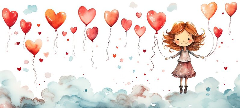watercolor style illustration of cute girl holding balloons fly over clouds, Generative Ai