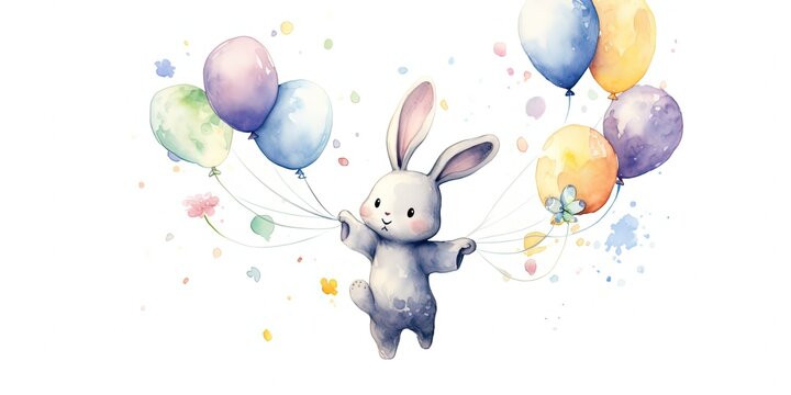 watercolor style illustration of cute baby rabbit with balloons, generative Ai