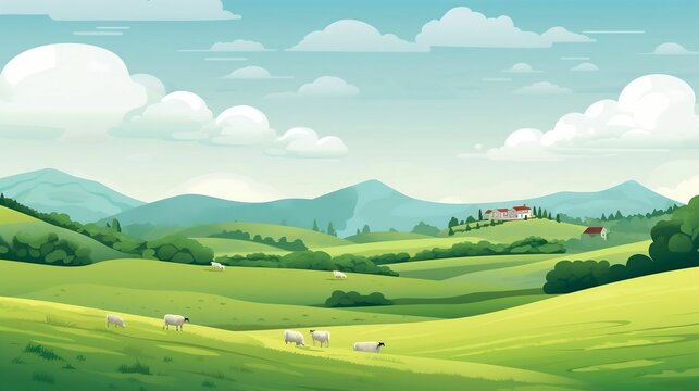 background Peaceful countryside farm with rolling hills and animals
 
