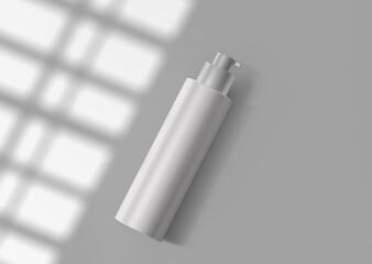 white plain empty blank top view of vertical cosmetic pump plastic packaging branding bottle with overlay shadow on isolated background 