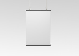 plain white blank empty vertical with metal frame paper poster banner hanging with steel wire on an isolated background