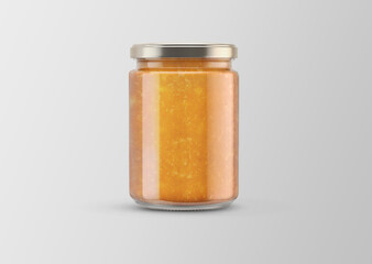 clear transparent packaging branding glass orange jam jar with metallic lid cap on isolated background