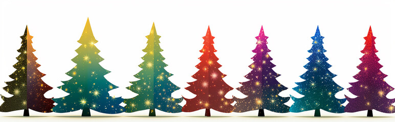 illustration of different decorated xmas trees with lights and stars and balls standing in a row on white background, concept of christmas trees