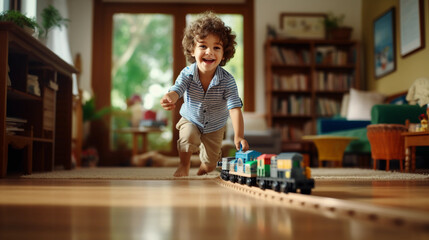 Childhood, young kid playing with his toy train in living room with full of happinesses - obrazy, fototapety, plakaty