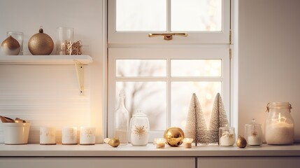 Natural scandinavian Christmas kitchen with holidays decors, Happy holidays and New year 2024, Generative ai