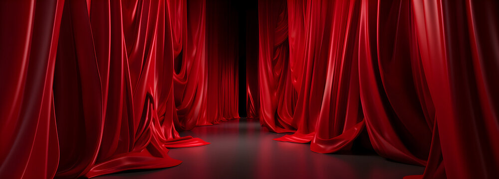 Red Stage Curtain theater scene stage backdrop. Curtain with space for copy. Empty scene with a red curtain