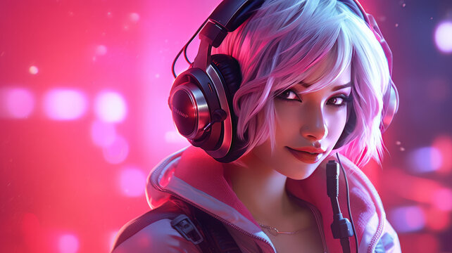 GAMER Cute girl WITH microphone speaker HEADSET ON, HOUSEHOLD BACKGROUND.generative ai