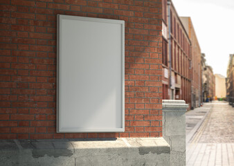 plain white empty blank outdoor vertical street poster on brick wall - obrazy, fototapety, plakaty