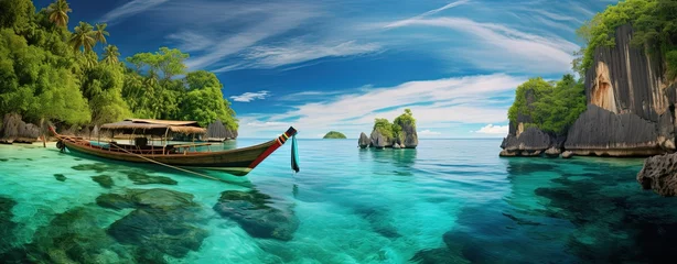  row boat at tranquil beautiful shore with coral reef underwater, Generative Ai © QuietWord