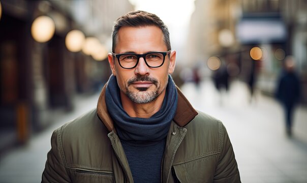 Photo of a stylish man with glasses and a scarf on a bustling city street