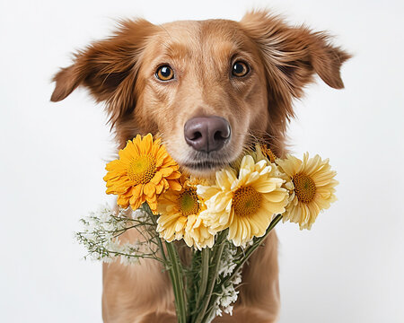 ai generated dog holding flowers