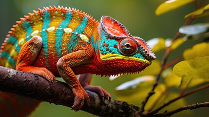 Close-up of a colorful chameleon on a tree - obrazy, fototapety, plakaty