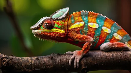 Gordijnen Close-up of a colorful chameleon on a tree © twilight mist