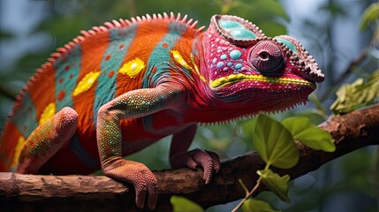 Obraz premium Close-up of a colorful chameleon on a tree