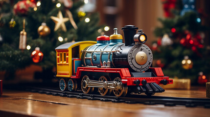 Closeup portrait of a toy train in wooden table top with Christmas decoration - obrazy, fototapety, plakaty