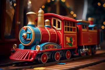 Closeup portrait of a toy train in wooden table top with Christmas decoration - obrazy, fototapety, plakaty