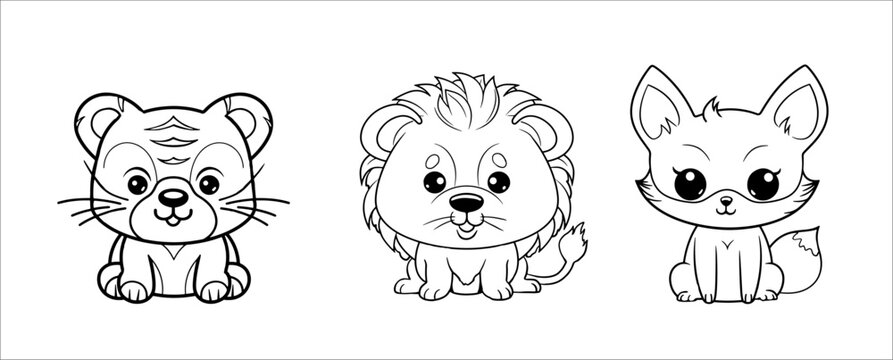 Cute funny tiger, lion and fox for coloring. Vector template for a coloring book with funny animals. Colouring page for kids.