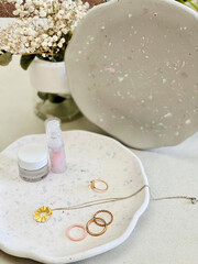 jesmonite terrazzo makeup and jewellery organizer trays with wavy bords