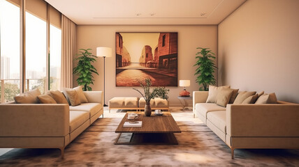 Interior Furniture, Pop art style interior design of modern living room with two beige sofas.