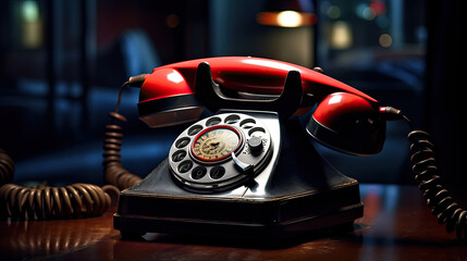 Old red rotary dial telephone