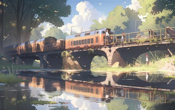 a train from the 80s crossing a bridge over a tranquil river