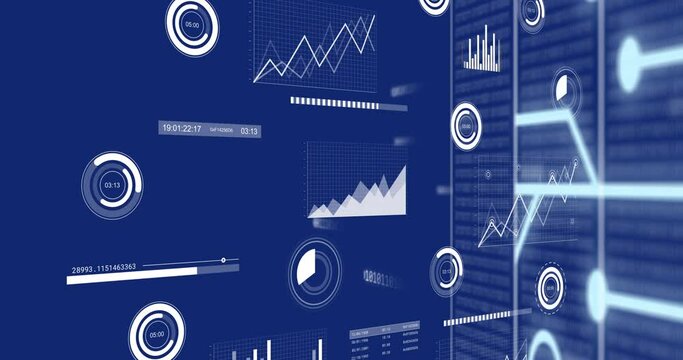 Animation of multiple graphs, loading circles and bars with binary codes on server racks