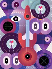 Decorative gradient vector design with guitar, geometric shapes and abstract objects.  - 647988151