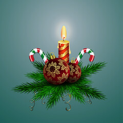 Isolated design element,Christmas composition of fir branches, candles and balls