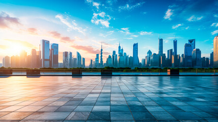 Empty city square floor with a skyline scenery