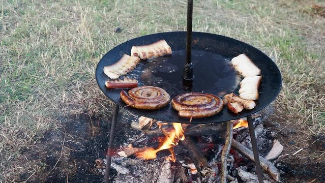 Close-up of grilling sausages on campfire at summertime. Cooking food over bonfire at warm summer day. Camping lifestyle routine. Food, adventure and vacation nature concept