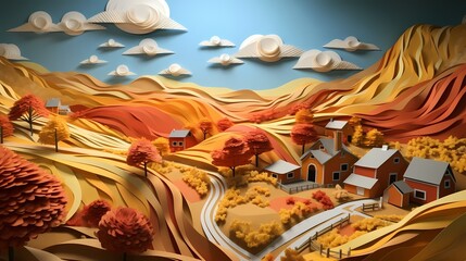 Obraz na płótnie Canvas Countryside farmland, inspired by 3D papercut art (Generative AI)