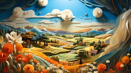 Countryside farmland, inspired by 3D papercut art (Generative AI)