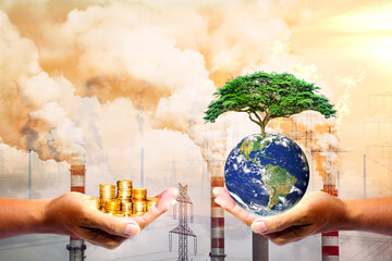 Concept of capitalism and nature conservation, hand holding money and hand holding environment can be used in work related to environmental conservation and saving the world. - obrazy, fototapety, plakaty
