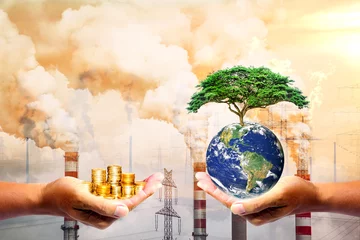 Foto op Aluminium Concept of capitalism and nature conservation, hand holding money and hand holding environment can be used in work related to environmental conservation and saving the world. © STOCK PHOTO 4 U