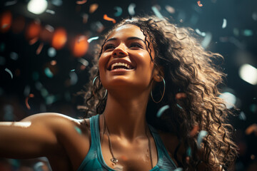 happy african american female sport player celebrating winning with confetti falling,generative ai