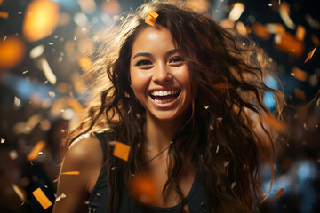 Fototapeta premium cute asian female sport player celebrating winning with confetti falling