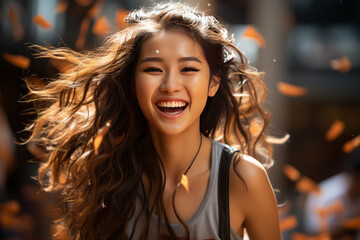 Fototapeta premium cute asian female sport player celebrating winning with confetti falling
